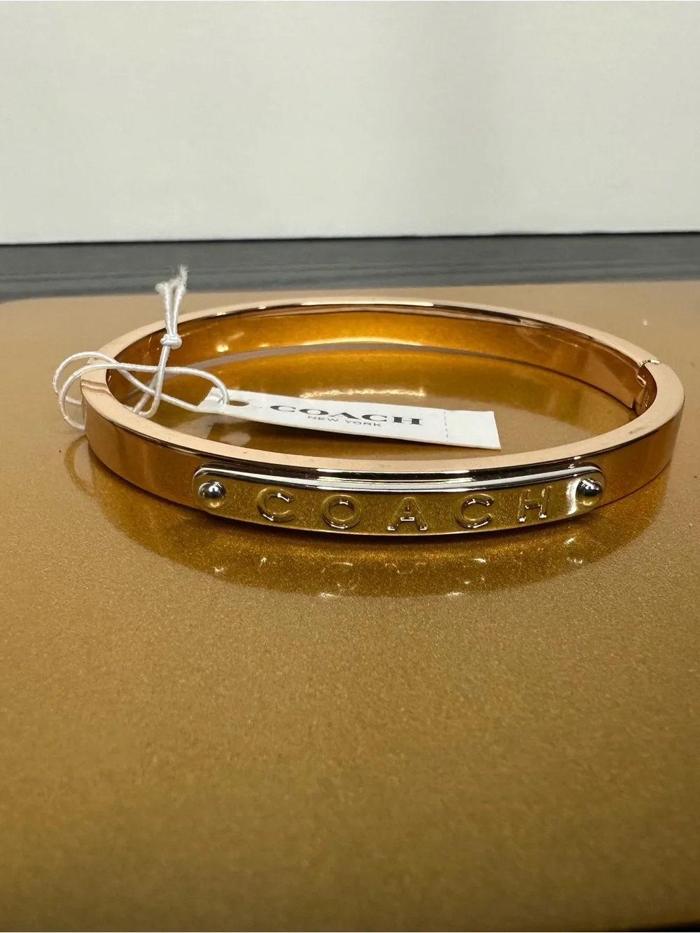 Coach F54565 Rose Gold and Silver Logo Plaque Bangle Bracelet - Picture 3 of 7